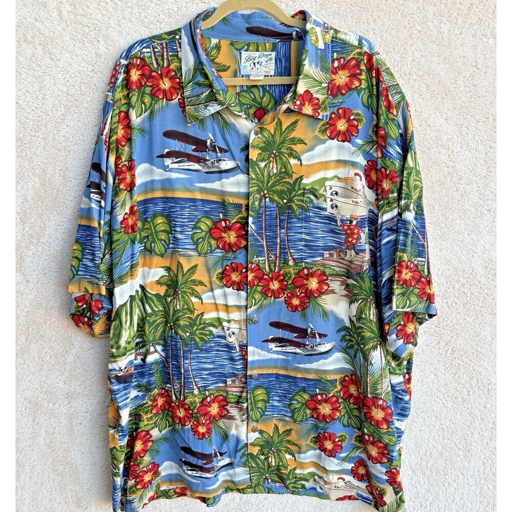 Big Dogs Hawaiian Shirt Size 4X Biplane Island Tropical Cruise Palm Trees Aloha